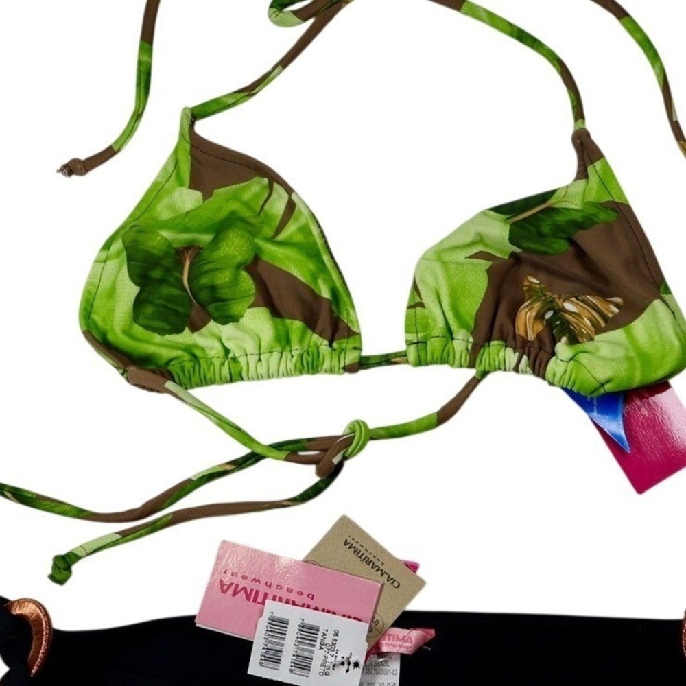 Cia Maritima Green Butterfly Leaf Triangle Bikini Set Black Ring Bottoms NWT L